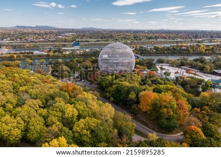 Aerial view of Montreal Biosphere at Parc Jean-Drapeau during fall season in Montreal, Quebec, Canada.