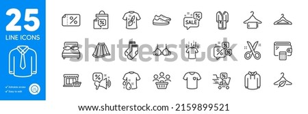 Outline icons set. Discounts offer, Discount banner and Buyers icons. Wallet, Dry t-shirt, Sale bags web elements. Scissors, T-shirt, Cloakroom signs. Discounts bubble, Hoody, Bra. Socks. Vector Royalty-Free Stock Photo #2159899521