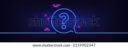 Neon light glow effect. Question mark line icon. Help speech bubble sign. FAQ symbol. 3d line neon glow icon. Brick wall banner. Question mark outline. Vector Royalty-Free Stock Photo #2159902347