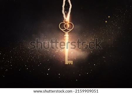 Golden key with glowing lights and dark background, wisdom, wealth, and spiritual concept Royalty-Free Stock Photo #2159909051