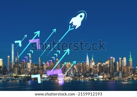New York City skyline from New Jersey over the Hudson River with skyscrapers at night, Manhattan, Midtown, USA. Startup company, launch project to seek and develop scalable business model, hologram
