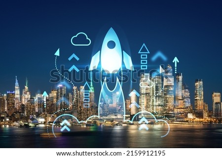 New York City skyline from New Jersey over the Hudson River with Hudson Yards at night. Manhattan, Midtown. Startup company, launch project to seek and develop scalable business model, hologram