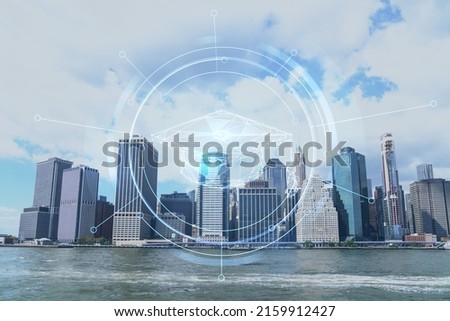 Skyline of New York City Financial Downtown Skyscrapers over East River from park, Dumbo at day time, Manhattan. Technologies and education concept. Academic research, top ranking university, hologram