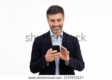 Man using smart phone on white background	