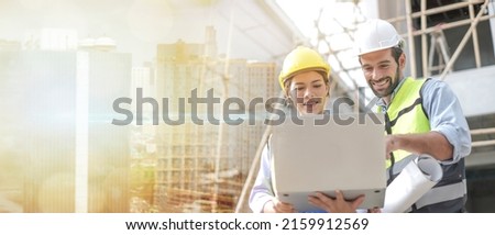 Architect caucasian man working with colleagues mixed race in the construction site. Architecture engineering at workplace. engineer architect wearing safety helmet meeting at contruction site. worker Royalty-Free Stock Photo #2159912569