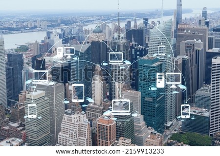 Aerial panoramic city view of Time Square area, Manhattan West Side and the Hudson River, New York city, USA. Social media hologram. Concept of networking and establishing new people connections