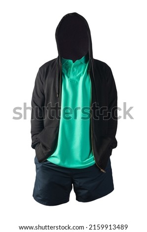 black sweatshirt with iron zipper hoodie,green  t-shirt and dark blue sports shorts isolated on white background. casual sportswear