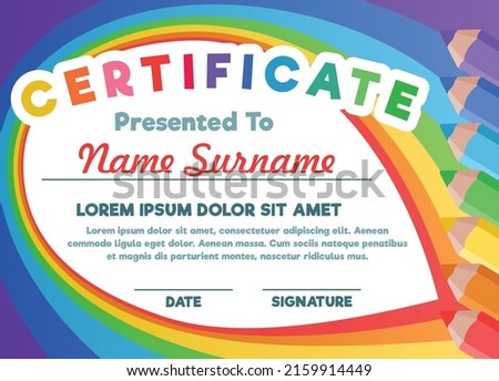 Children's certificate on the background of colored pencils and rainbows. Template for diploma, announcement, certificate of honor, award. Vector