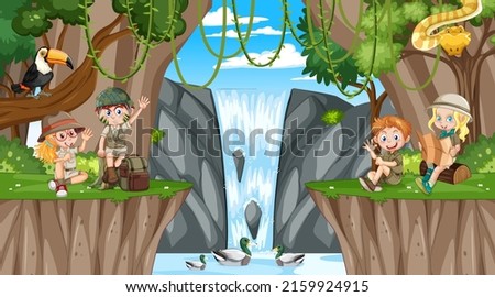 Children hiking in the forest illustration