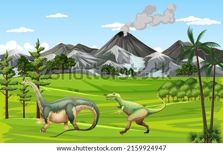 Nature scene with trees on mountains with dinosaur illustration