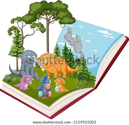 Opened book with various dinosaurs in the forest illustration