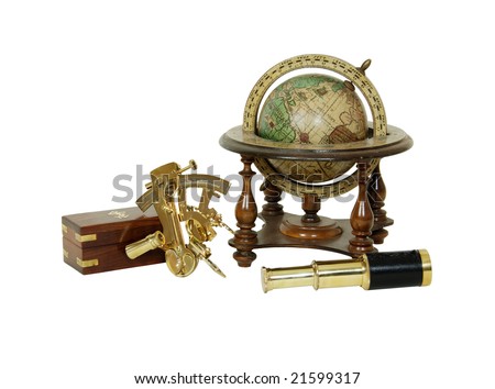 Brass Sextant, telescope, Old world globe with basic navigation notations