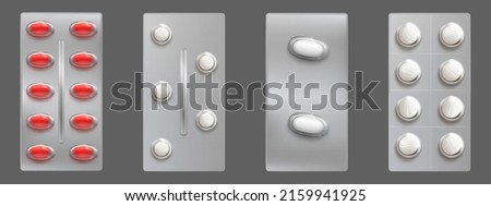 Medical drugs package, blisters with tablets and capsules. Vector realistic set of 3d pharmacy remedies, round pills and oval capsules in plastic and foil pack isolated on background Royalty-Free Stock Photo #2159941925