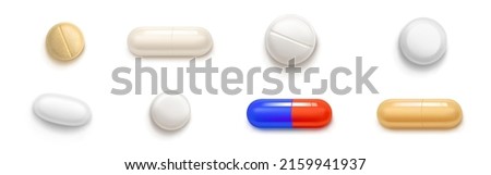 Pills, tablets and medicine drugs, colorful capsules with remedy filler. Oval or round medicament painkillers, antibiotics, vitamins, amino acid, mineral, bio active additives, Realistic 3d vector set Royalty-Free Stock Photo #2159941937