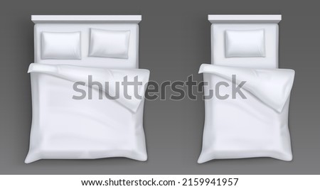 Top view of beds with mattress, white pillows, blanket and sheet. Vector realistic mockup of 3d hotel or house furniture for sleep and rest with blank linen bedclothes