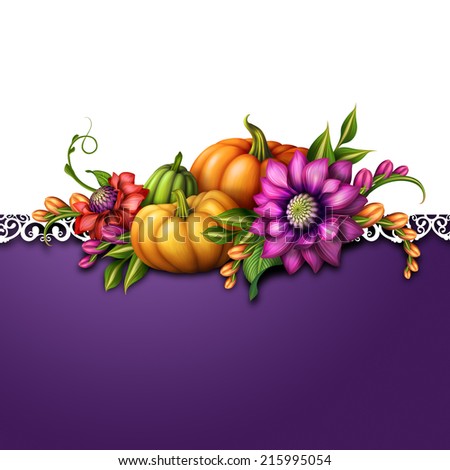 traditional seasonal decoration with pumpkins and flowers, festive autumn illustration, holiday background