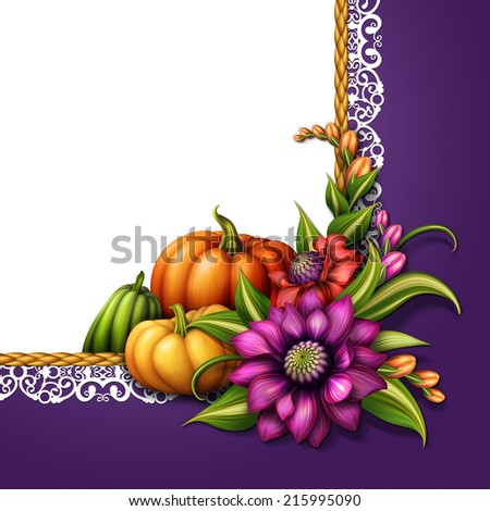 seasonal decorative corner element with pumpkins and flowers, festive autumn illustration, holiday background
