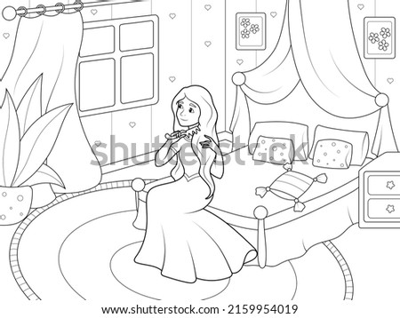 Princess combs her hair. Girl room interior. Page outline of cartoon. Vector illustration, coloring book for kids.