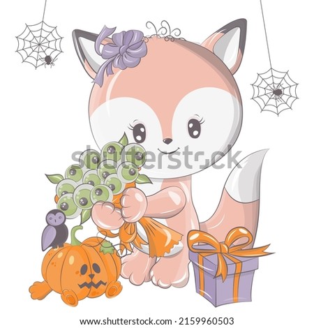 Halloween fox illustration with pumpkin. Vector illustration of Halloween animal. Cute little illustration Halloween fox for kids, fairy tales, covers, baby shower, textile t-shirt, baby book.