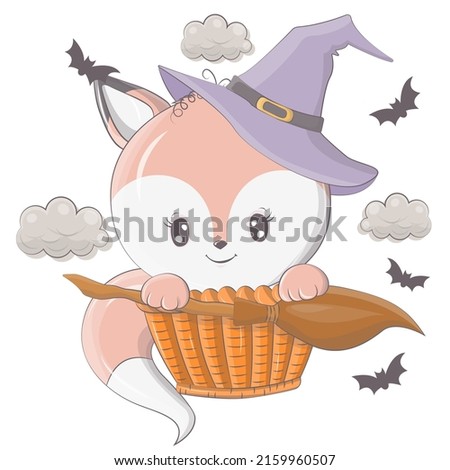 Halloween illustration of a fox with a broom. Vector illustration of Halloween animal. Cute little illustration Halloween fox for kids, fairy tales, covers, baby shower, textile t-shirt, baby book.