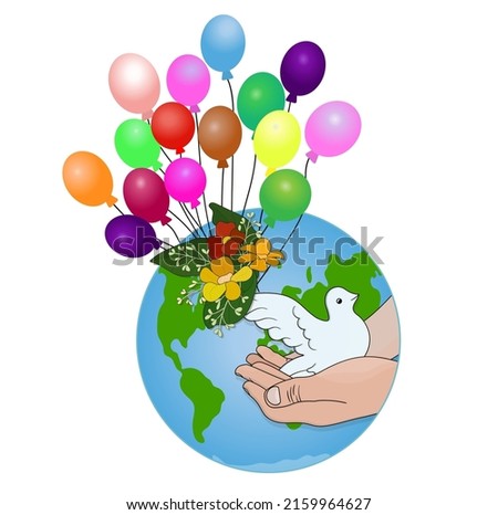 Pigeon in the hands on the background of the planet Earth and balloons. Earth Day poster. Vector illustration of peace on earth