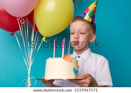Little cute boy blowing candles on cake, happy birthday party.