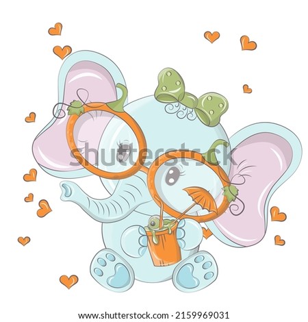 Cartoon elephant with pumpkin cocktail. Vector illustration of Halloween animal. Cute little illustration Halloween elephant for kids, fairy tales, covers, baby shower, textile t-shirt, baby book.