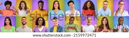 Collection of happy multicultural people photos on colorful studio backgrounds, cheerful attractive men and women smiling, gesturing and grimacing, set of closeup portraits, panorama, collage
