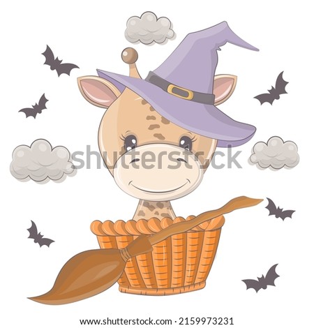 Halloween illustration of an elephant with a broom. Vector illustration of Halloween animal. Cute little illustration Halloween elephant for kids, fairy tales, covers, baby shower, textile, baby book.