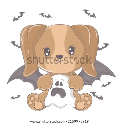 Halloween dog with a ghost. Vector illustration of Halloween animal. Cute little illustration Halloween puppy for kids, fairy tales, covers, baby shower, textile t-shirt, baby book.