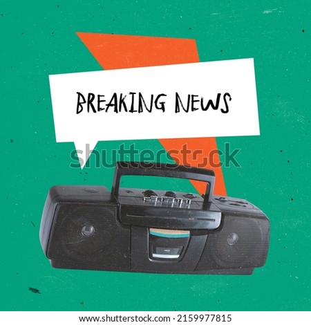 Contemporary art collage. Retro radio set broadcasting breaking news isolated over green background. Information spreading. Concept of creativity, mass media influence, disinformation, news