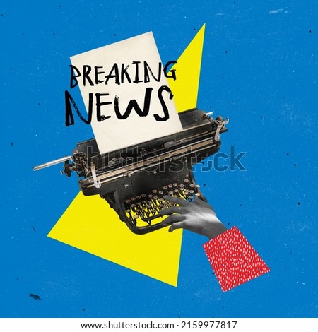 Contemporary art collage. Retro typewriter typing paper with breaking news, spreading information isolated over yellow blue background. Concept of creativity, mass media influence, information, news.