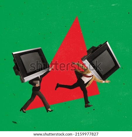 Contemporary art collage. Man and woman with retro TV head running away from each other to escape disinformation isolated over green background. Concept of creativity, influence, information, news