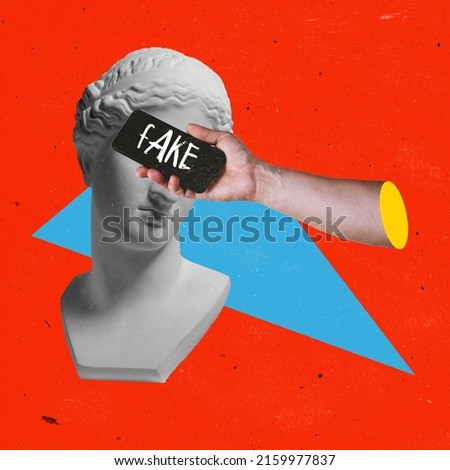 Contemporary art collage. Antique statue bust and phone screen covering eyes with fake news lettering. Spreading rumors. Concept of disinformation, gossips, propaganda, influence, society. Artwork Royalty-Free Stock Photo #2159977837