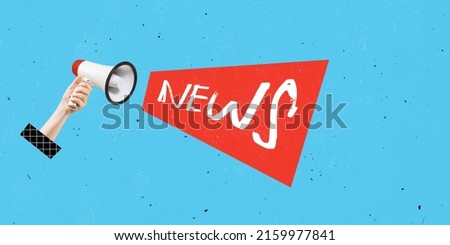 Contemporary art collage. Female hand holding megaphone with news lettering isolated over blue background. Concept of creativity, mass media influence, information, news. Copy space for ad