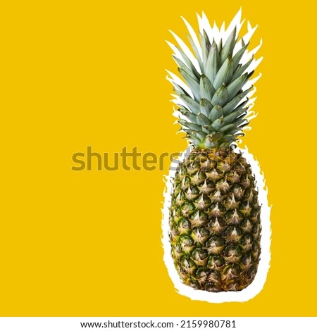 Summer time placard. Contemporary art collage of pineapple wearing sunglasses on bright background with negative space for ad or text. Trendy urban magazine style.