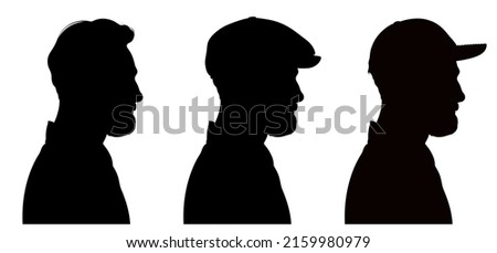 Three profile silhouettes of handsome bearded man wearing flat cap and peaked cap.  