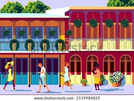 Street scene with people, traditional houses, trees and flowers. Handmade drawing vector illustration. Retro style poster.