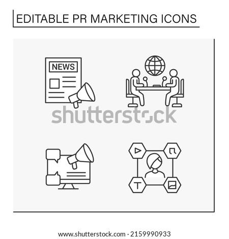 PR marketing line icons set. Newspaper, press conference, marketing, content manager. Social media concept. Isolated vector illustrations. Editable stroke Royalty-Free Stock Photo #2159990933