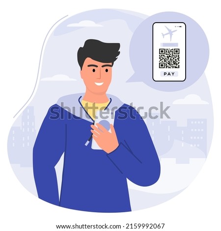 Vector illustration Man uses cell phone app to scan QR code payment. Electronic wallet. Barcode reader. Cashless technology. Digital money. Covid New normal