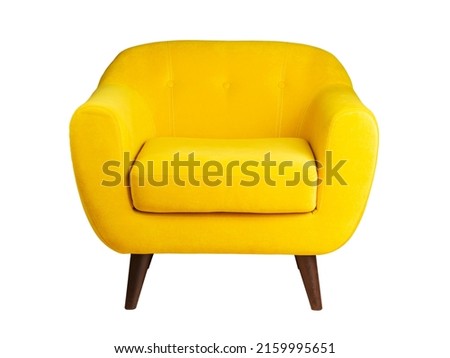 wide yellow upholstered armchair with fabric upholstery on wooden legs in retro style, isolated on a white background Royalty-Free Stock Photo #2159995651