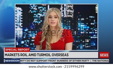 Mock-up Television Channel Live TV News Program. Beautiful Female Anchor Talking, Reporting, Analyzing World Events of the Day. Broadcast Channel Concept. Split Screen Picture Edit