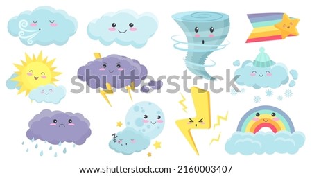 Cute weather characters set vector illustration. Cartoon colorful rainbow, rain and snow clouds with lightning, sun and moon with kawaii faces isolated white. Baby meteorology, nature concept Royalty-Free Stock Photo #2160003407