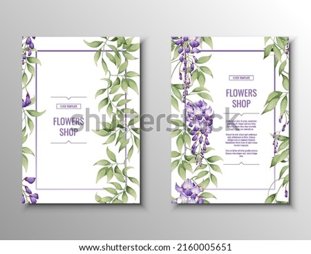 Purple wisteria flyer set. Flower shop. Banner, poster, cover A4 size