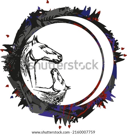 Grunge horse frame in dark tones on a white backdrop. Rough circle frame for labels, cards, banners, emblems, logos, fashion, wallpaper, fabrics, textiles, holidays, events, web icons, prints, etc.