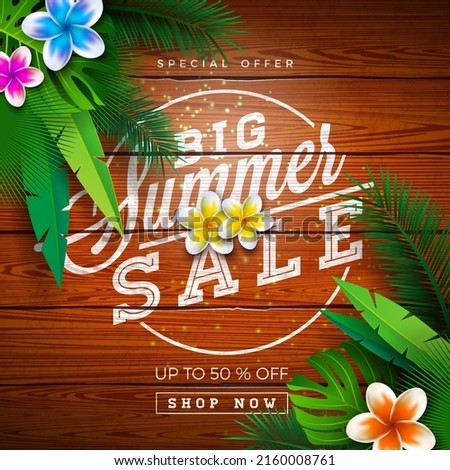Big Summer Sale Design with Typography Letter and Exotic Palm Leaves on Vintage Wood Background. Tropical Vector Special Offer Illustration with Coupon, Voucher, Banner, Flyer, Promotional Poster