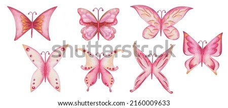 Watercolor illustration of hand painted pink, yellow butterflies with spread wings. Flying insect moth in nature. Isolated on white clip art elements for postcard, surface pattern making, posters