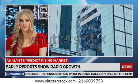 Split Screen TV News Live Report: Anchor Talks. Reportage Montage Covering: Economy, Business, City, Traffic, Green Solution, Real Estate Development. Television Program Channel Concept Royalty-Free Stock Photo #2160009753