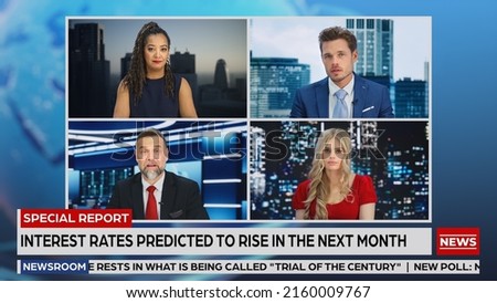 Split Screen Montage of Anchors Talking TV Live News Segment. Presenters Discuss Business, Economy, Politics, Science. Television Program on Cable Channel Concept. Picture in Picture Edit