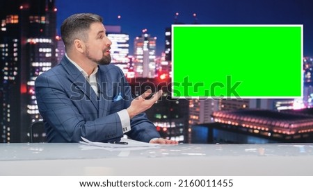 Late Night TV Talk Show Live News Program: Anchorman Presenter Reporting, Uses Green Screen Template. Television Cable Channel Anchorman Host Talks. Network Broadcast Newsroom Studio Mockup.